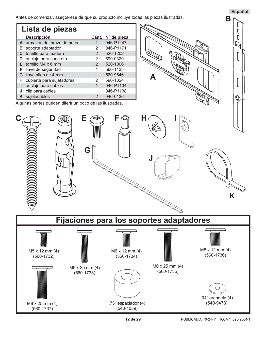 Peerless Industries SUA746PU manual Lista de piezas 