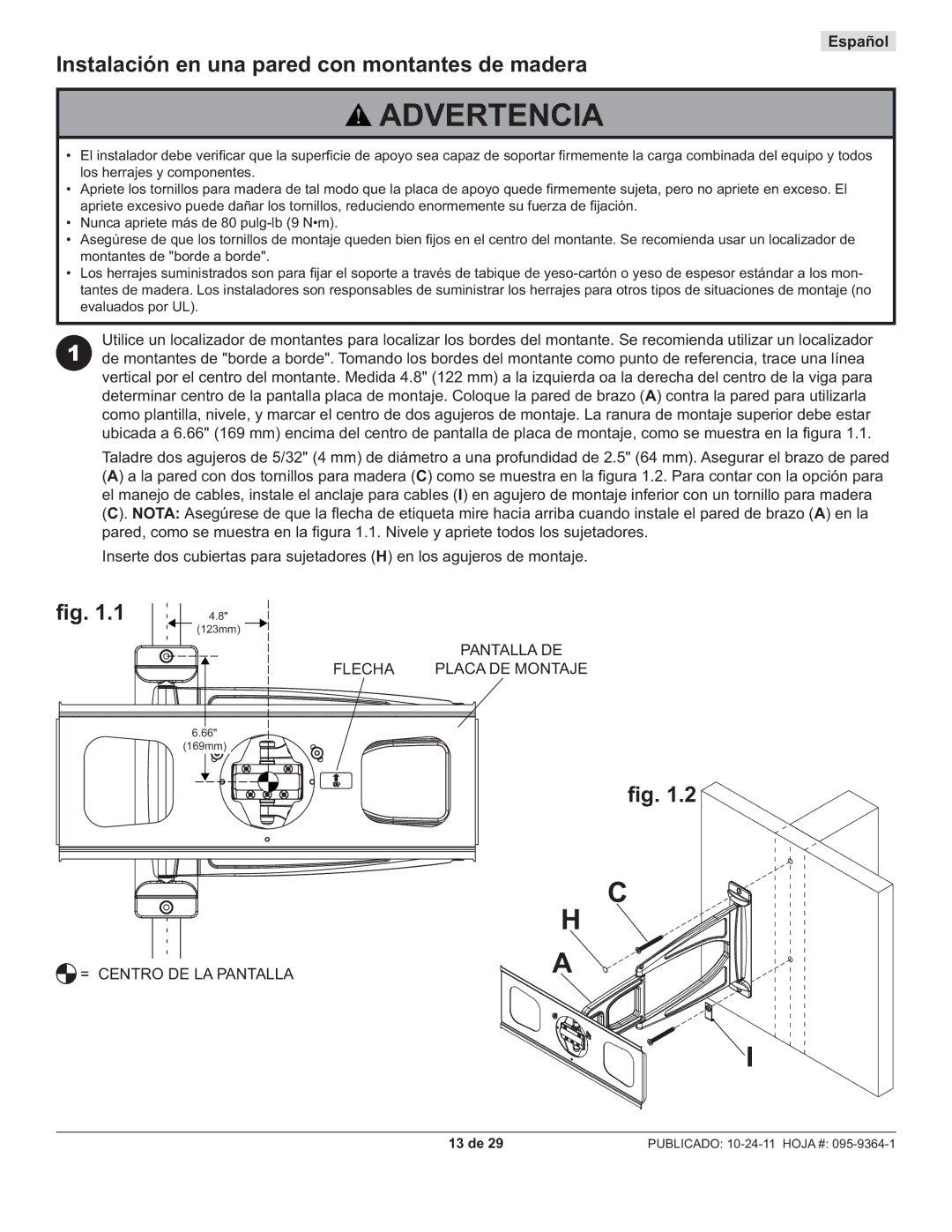 Peerless Industries SUA746PU manual Instalación en una pared con montantes de madera, Flecha Placa DE Montaje 