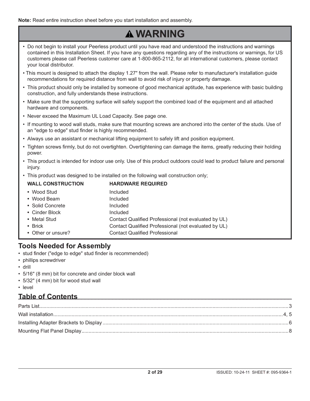 Peerless Industries SUA746PU manual Tools Needed for Assembly, Table of Contents 