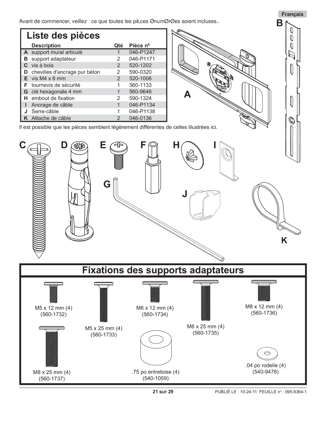 Peerless Industries SUA746PU manual Liste des pièces 