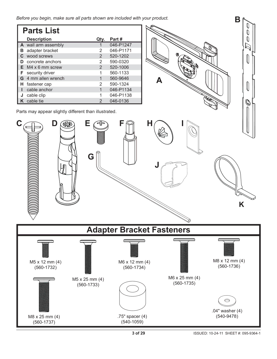 Peerless Industries SUA746PU manual Parts List 