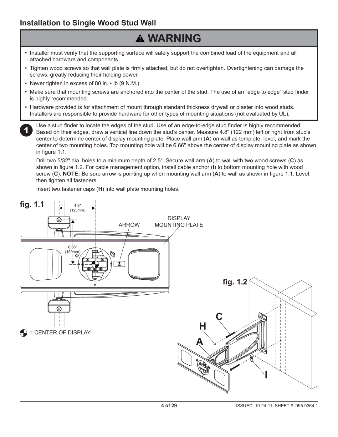 Peerless Industries SUA746PU manual Installation to Single Wood Stud Wall, Arrow Mounting Plate, = Center of Display 