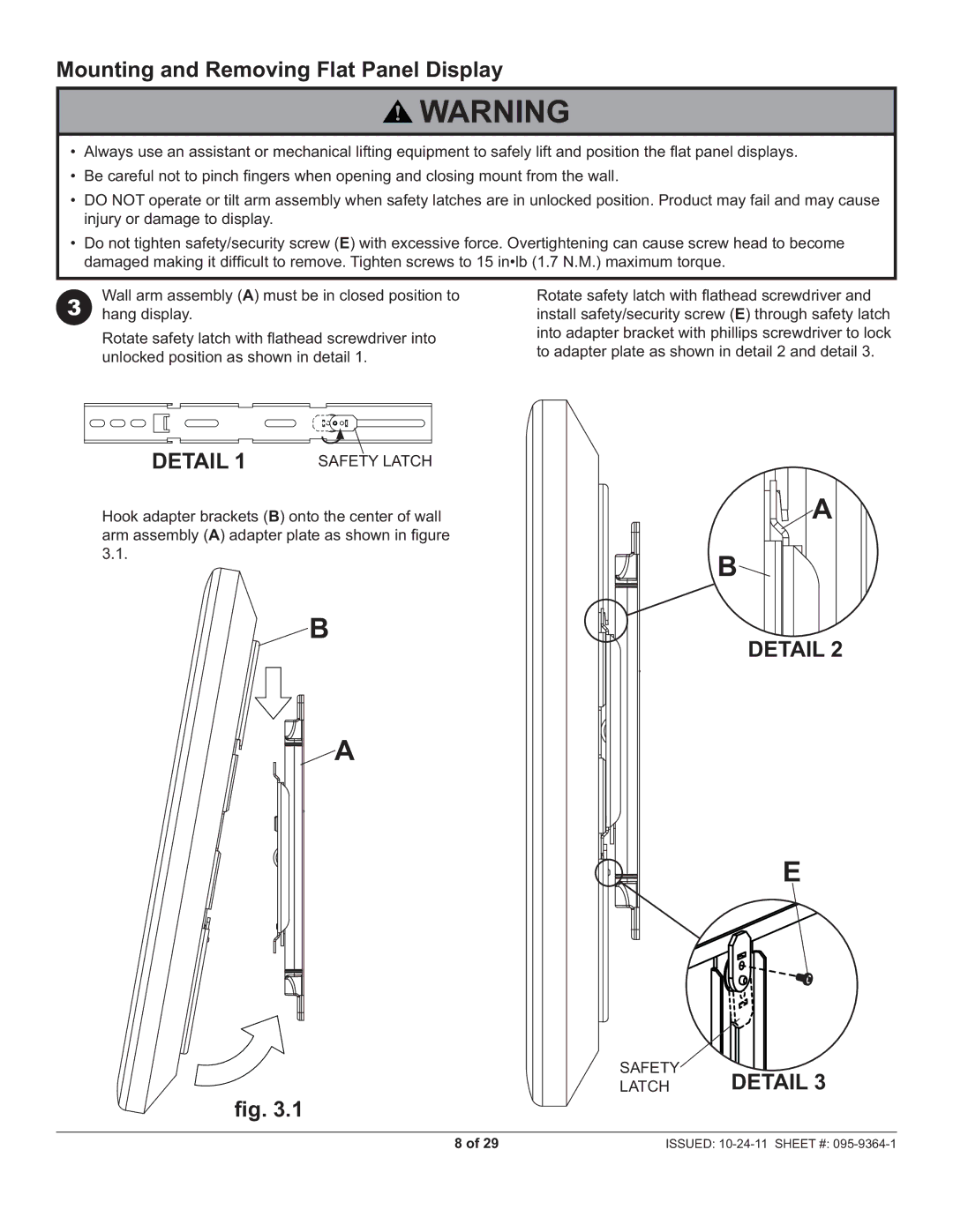 Peerless Industries SUA746PU manual Mounting and Removing Flat Panel Display, Safety Latch 