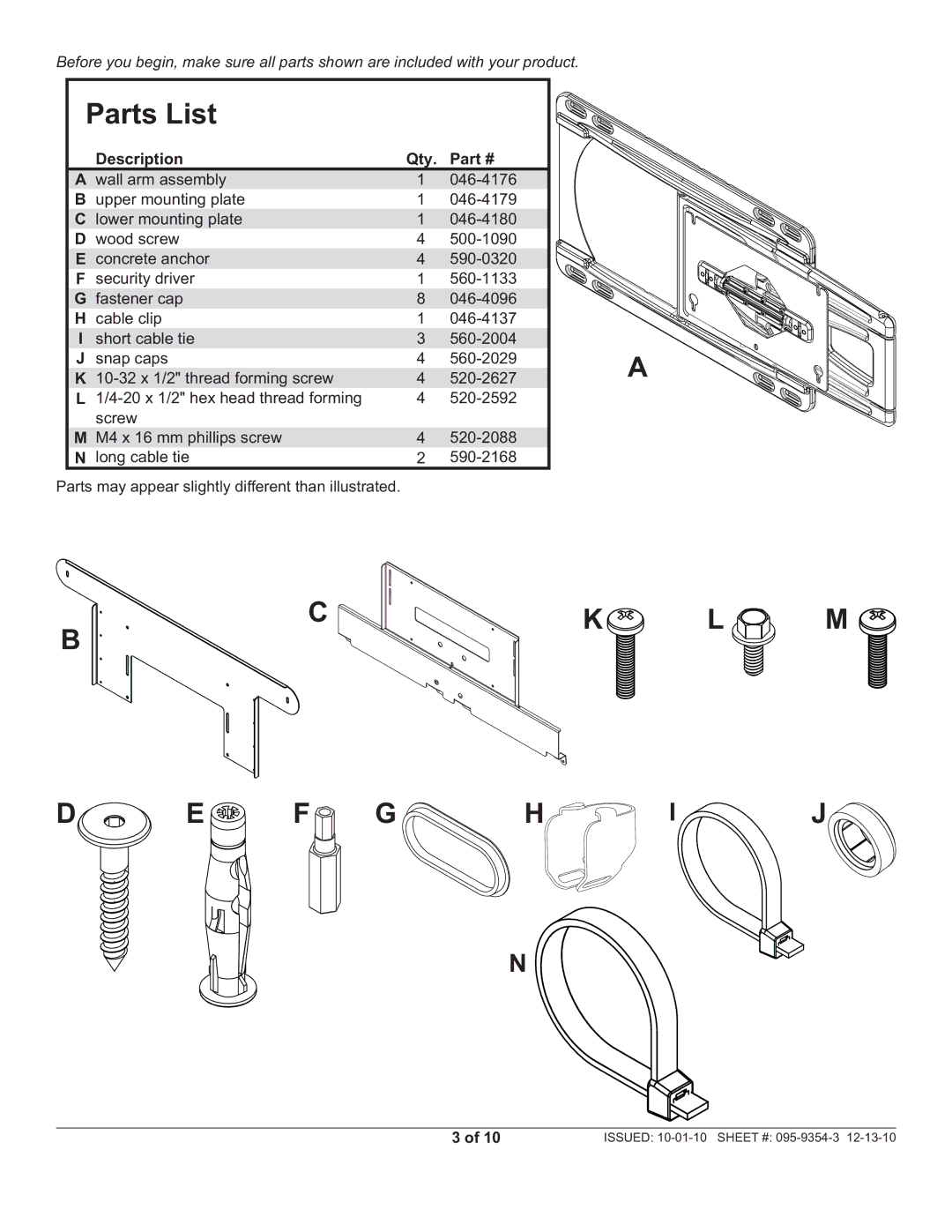 Peerless Industries SUAC9000 manual Parts List 