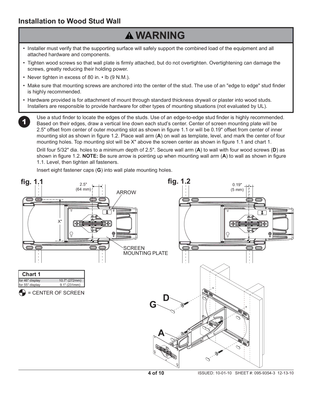 Peerless Industries SUAC9000 manual Installation to Wood Stud Wall, ﬁg .1, Arrow Screen Mounting Plate, = Center of Screen 