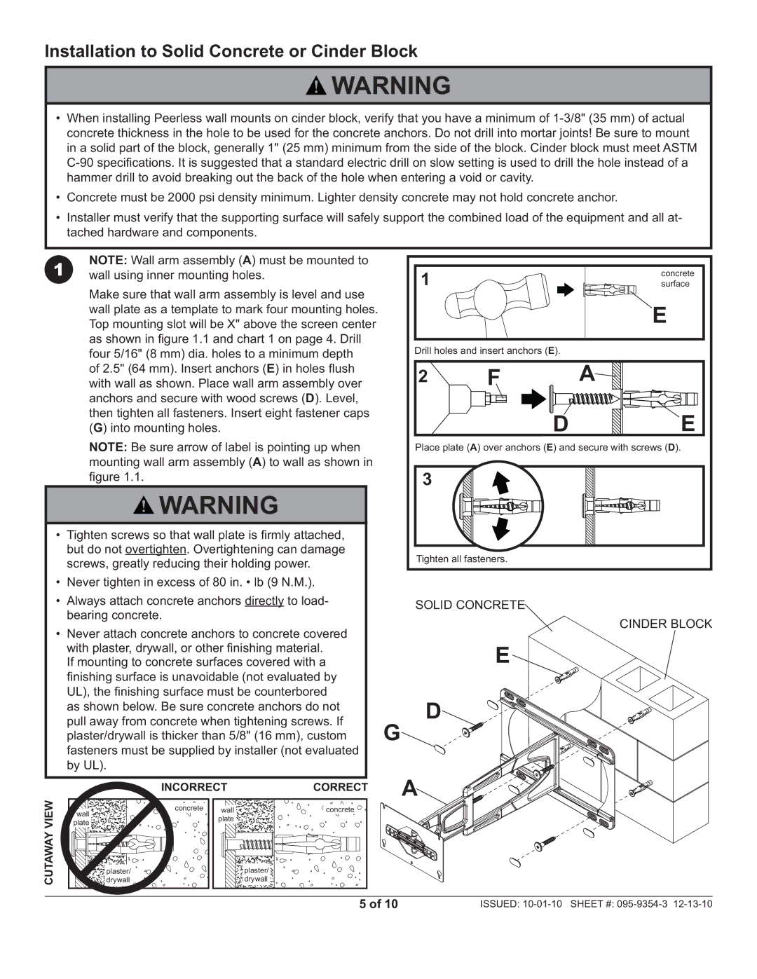 Peerless Industries SUAC9000 manual Installation to Solid Concrete or Cinder Block, Solid Concrete Cinder Block 