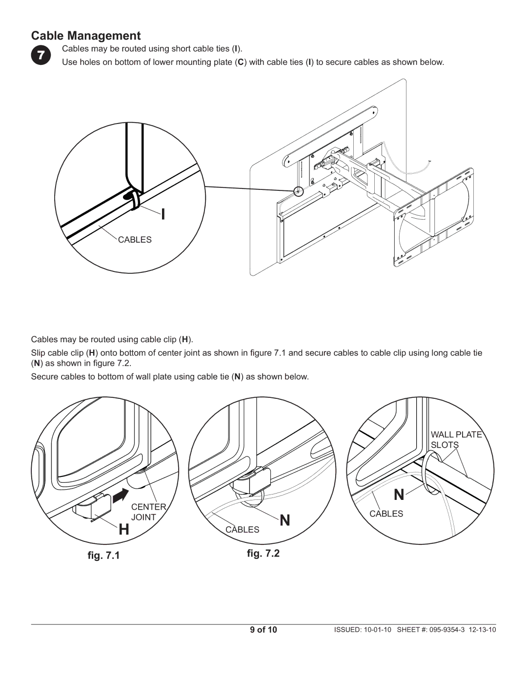 Peerless Industries SUAC9000 manual Cable Management, Wall Plate Slots Center Cables Joint 