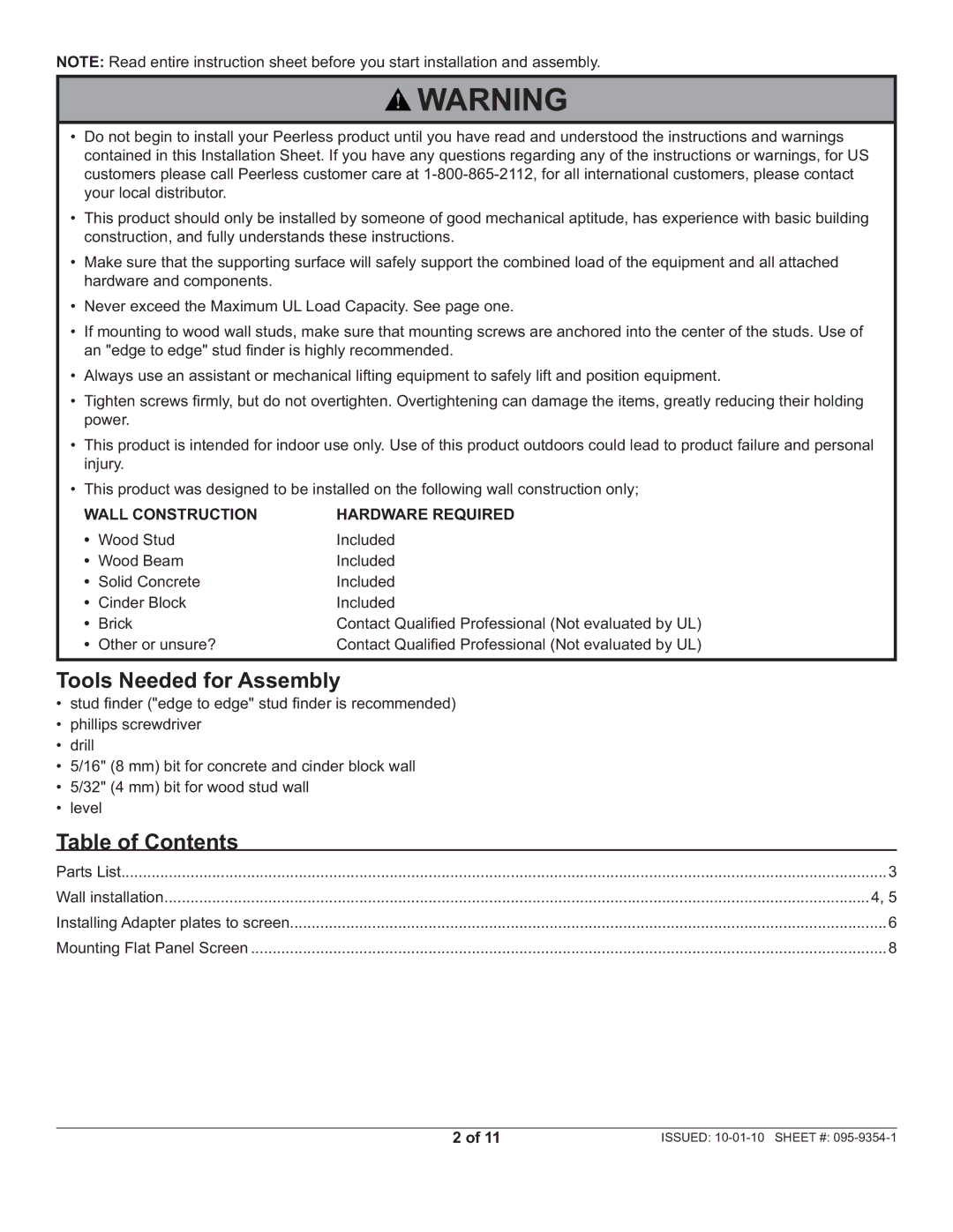 Peerless Industries SUAC9000 manual Tools Needed for Assembly, Table of Contents 