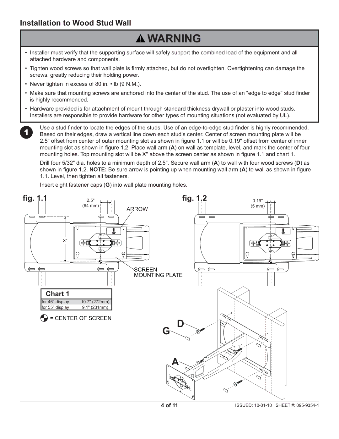 Peerless Industries SUAC9000 manual Installation to Wood Stud Wall, ﬁg .1, Arrow 