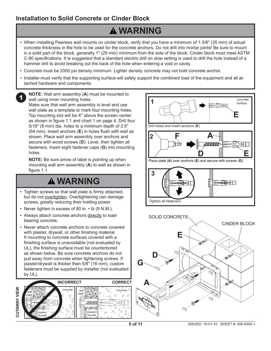 Peerless Industries SUAC9000 manual Installation to Solid Concrete or Cinder Block, Solid Concrete Cinder Block 