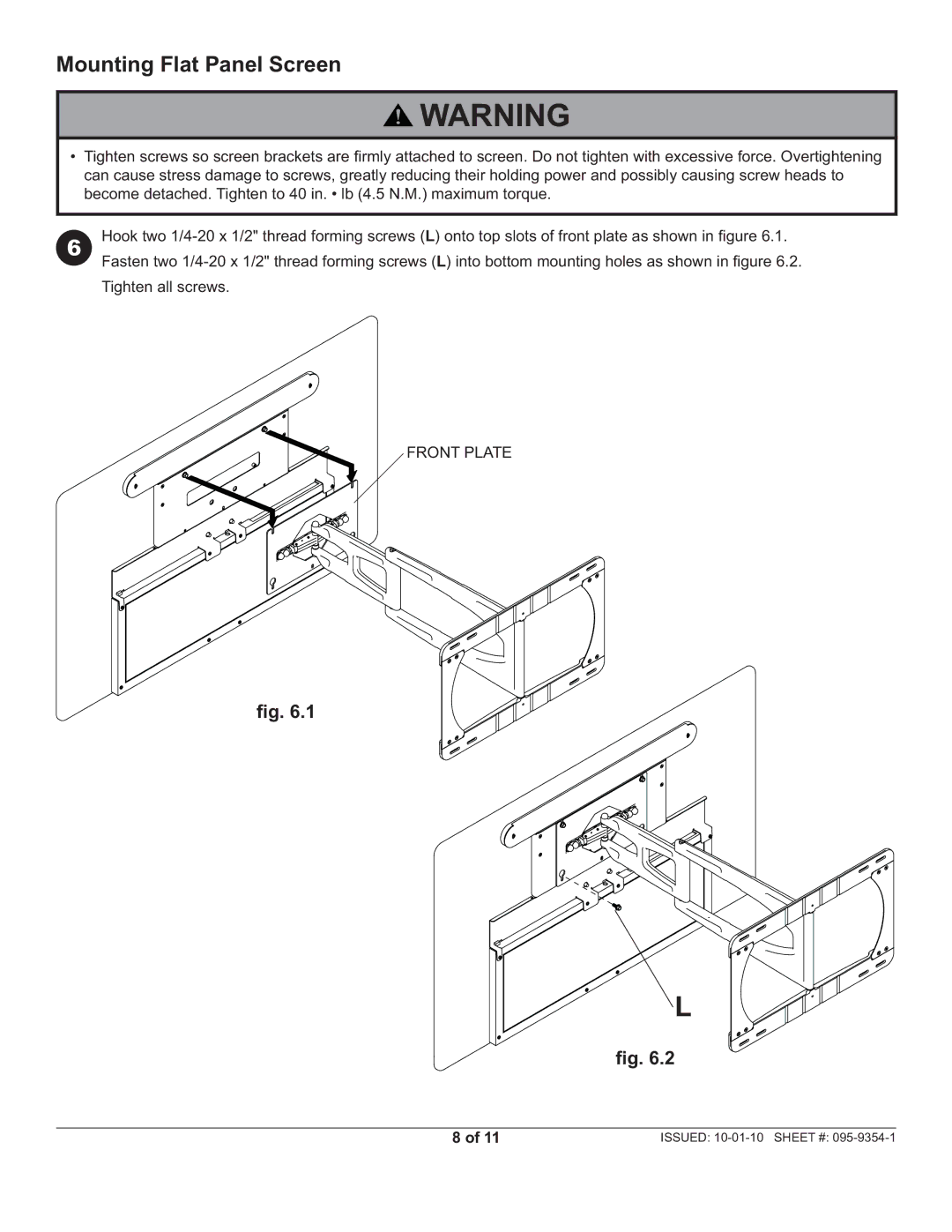 Peerless Industries SUAC9000 manual Mounting Flat Panel Screen, Front Plate 