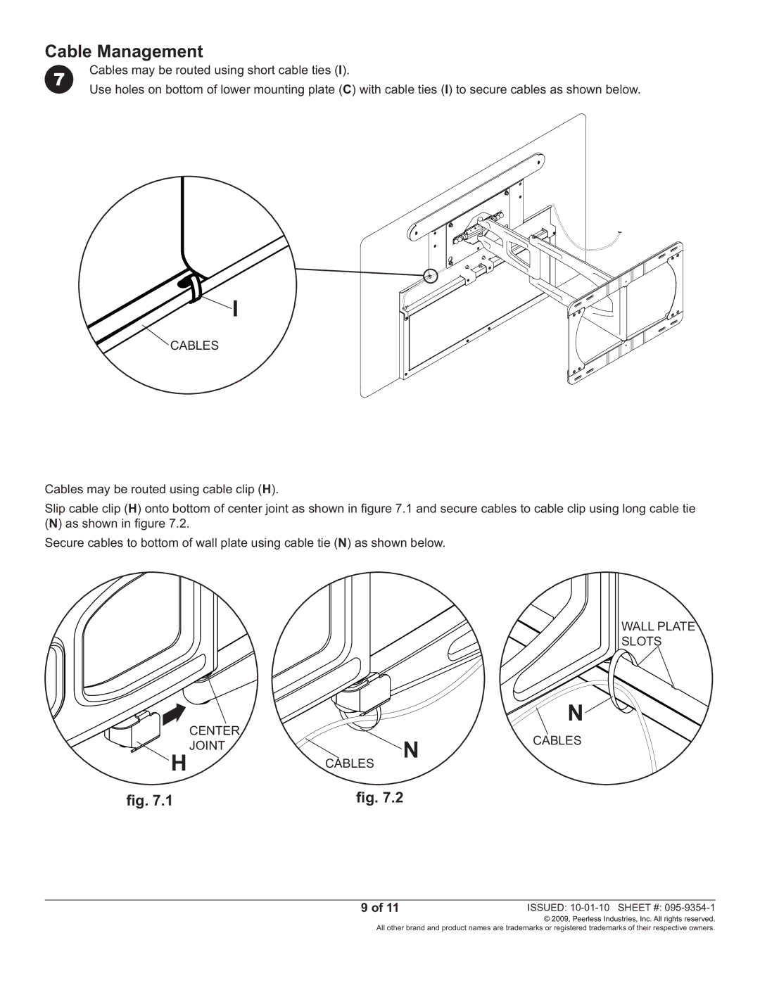 Peerless Industries SUAC9000 manual Cable Management, Wall Plate Slots Center Cables Joint 