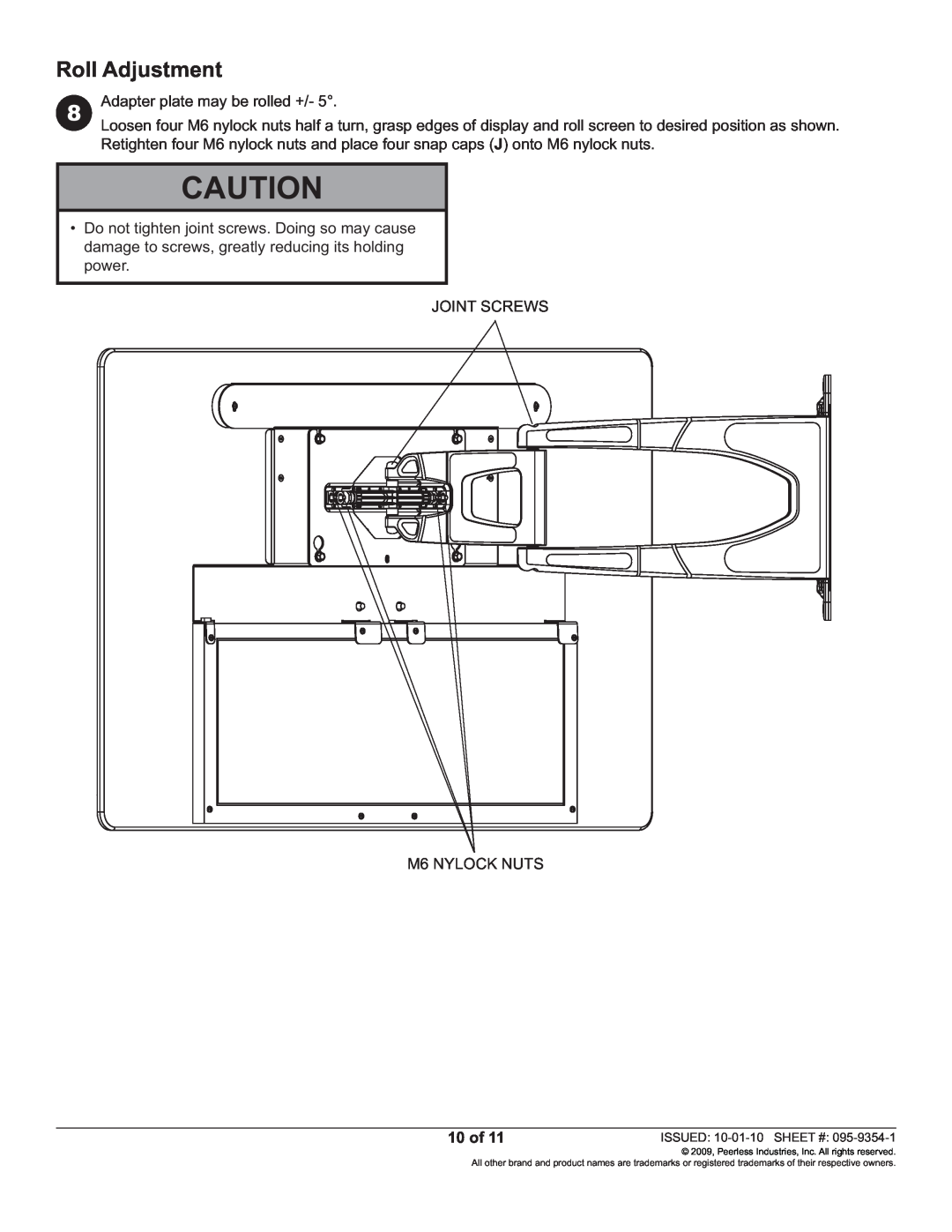Peerless Industries SUAC9000 manual Roll Adjustment, 10 of 