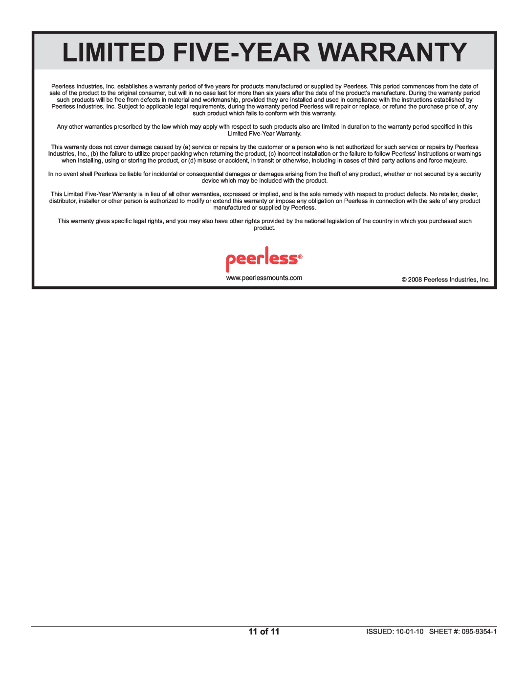 Peerless Industries SUAC9000 manual Limited Five-Yearwarranty, 11 of, ISSUED 10-01-10SHEET # 