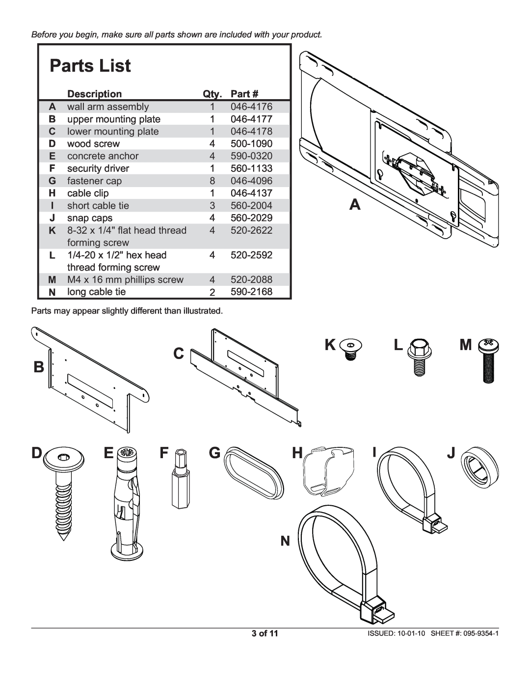 Peerless Industries SUAC9000 manual F G H I J, Parts List, Description 