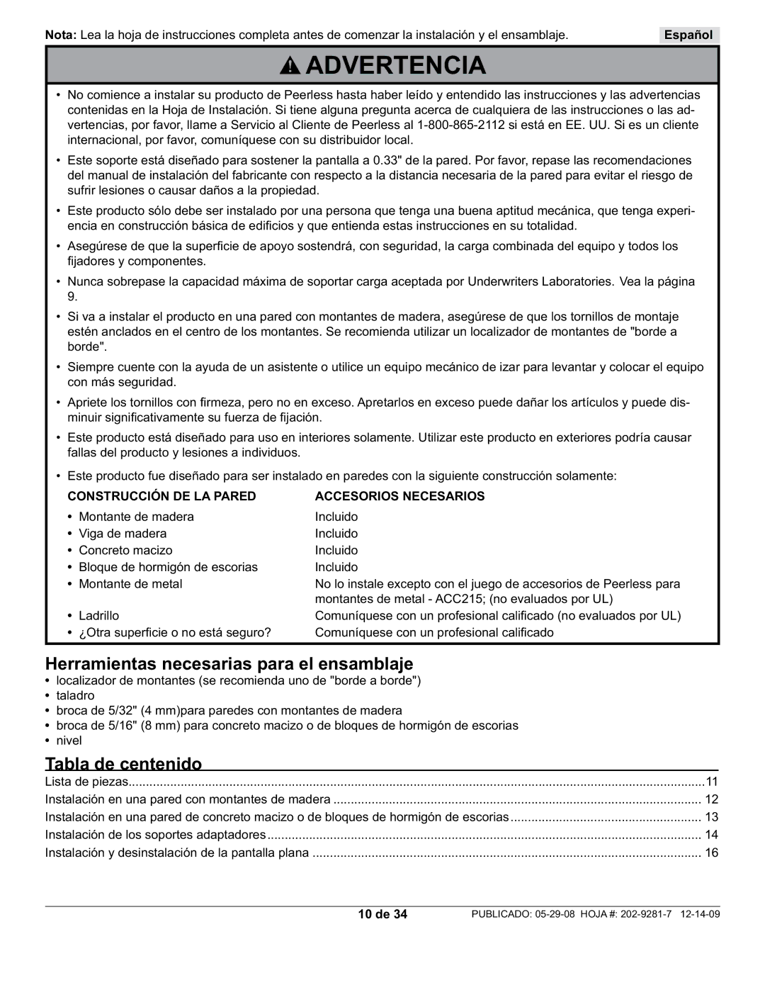 Peerless Industries SUF640P manual Herramientas necesarias para el ensamblaje, Tabla de centenido, Español, 10 de 