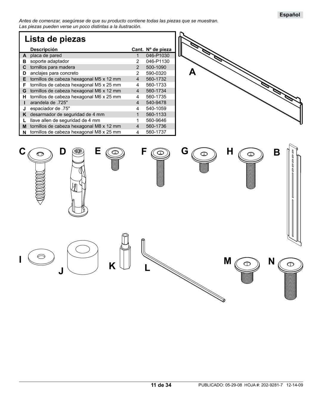 Peerless Industries SUF640P manual Lista de piezas, 11 de 