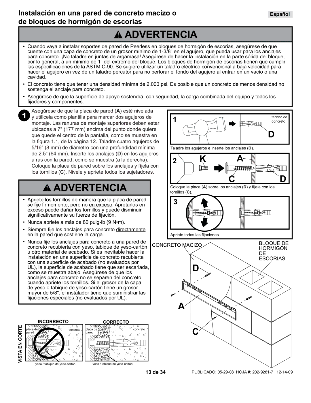 Peerless Industries SUF640P manual Concreto Macizo Bloque DE, Hormigón, Escorias, 13 de 