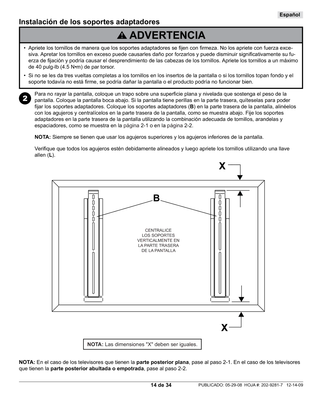 Peerless Industries SUF640P manual Instalación de los soportes adaptadores, 14 de 