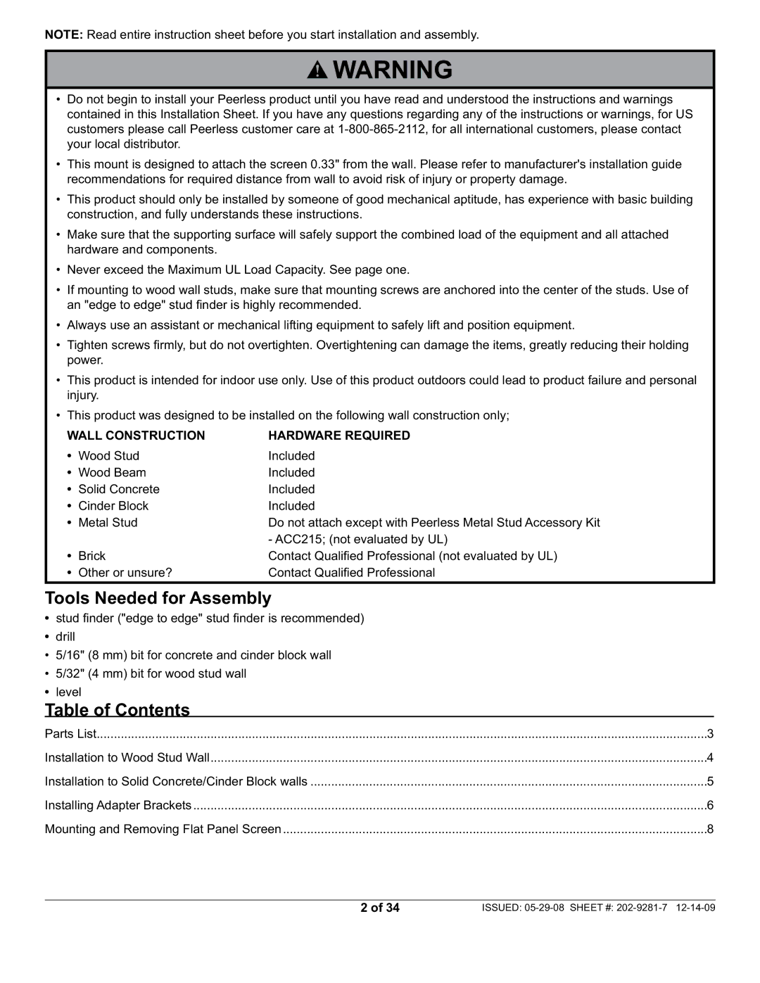 Peerless Industries SUF640P manual Tools Needed for Assembly, Table of Contents 