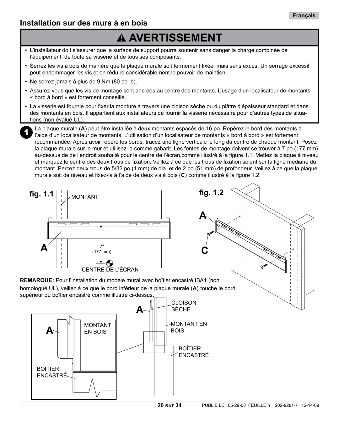 Peerless Industries SUF640P manual Installation sur des murs à en bois, 20 sur 