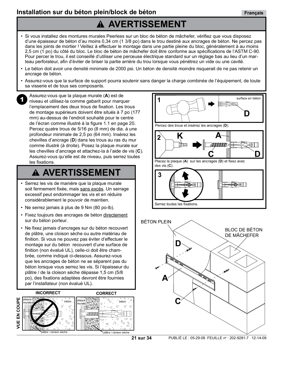 Peerless Industries SUF640P manual Installation sur du béton plein/block de béton, Béton Plein, Bloc DE Béton, DE Mâchefer 