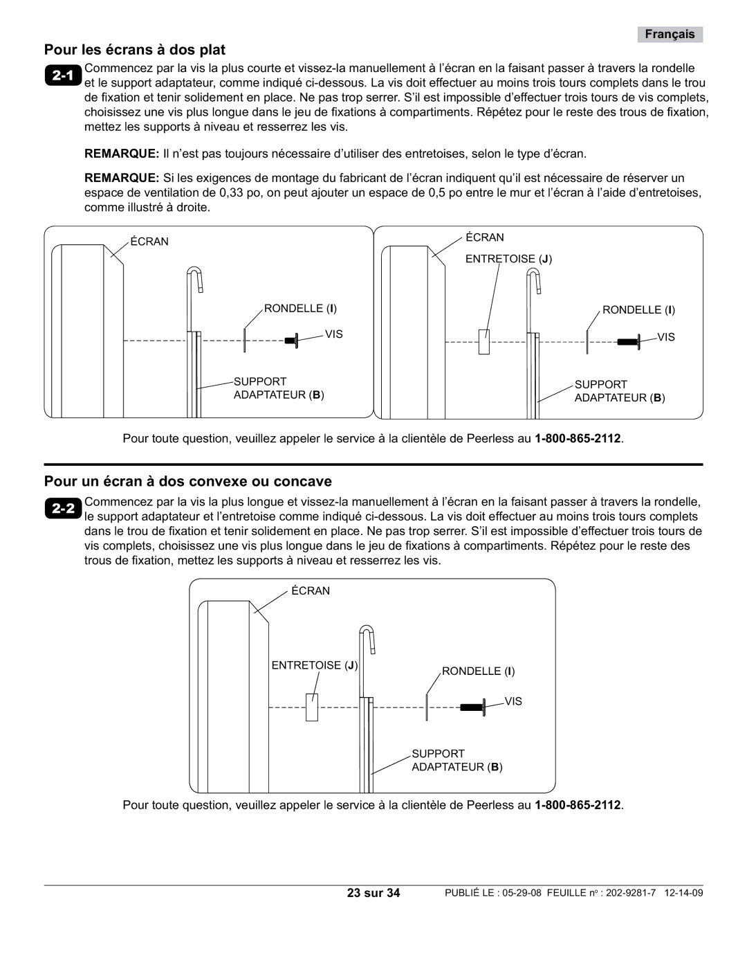 Peerless Industries SUF640P manual Pour les écrans à dos plat, 23 sur 