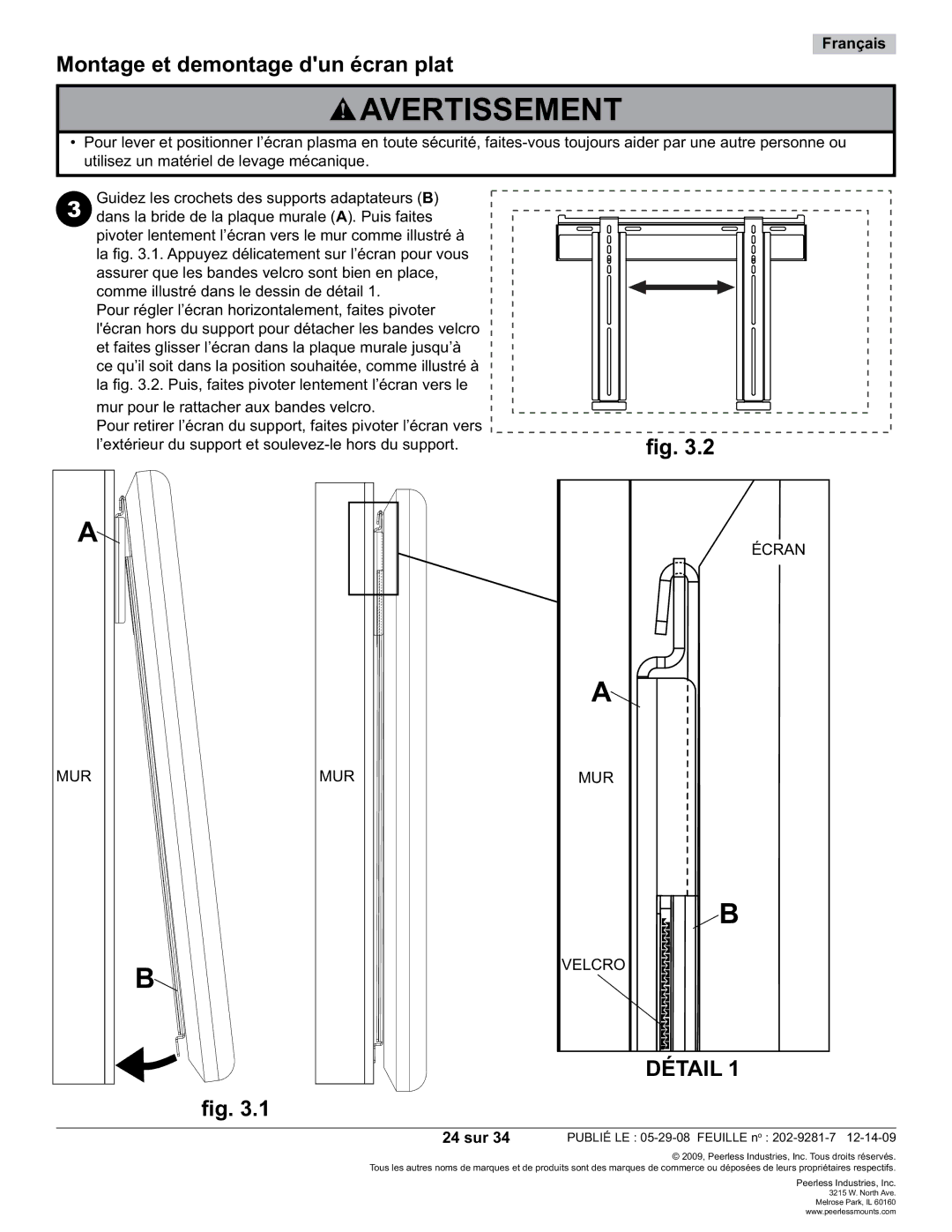 Peerless Industries SUF640P manual Montage et demontage dun écran plat, MUR Écran Velcro, 24 sur 