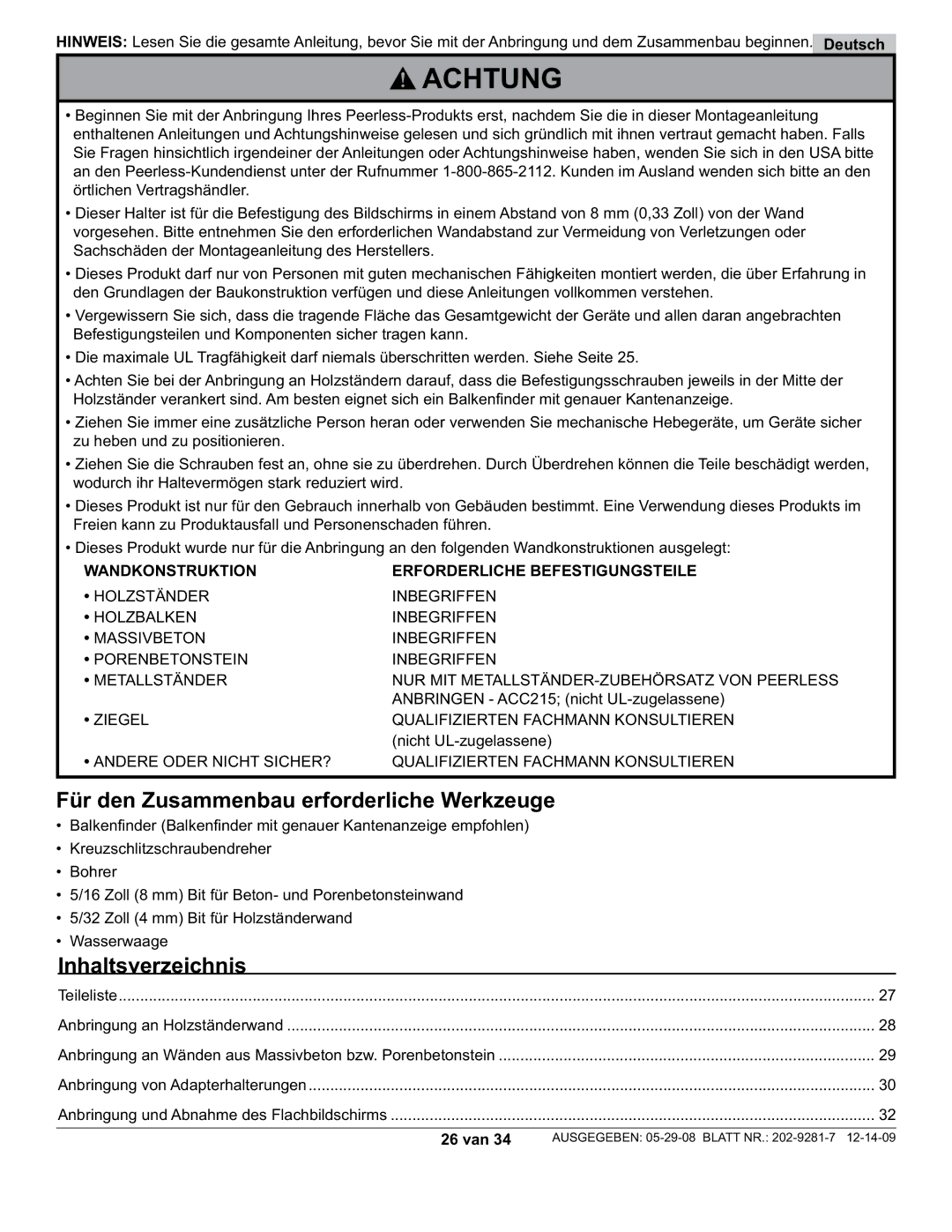 Peerless Industries SUF640P manual Für den Zusammenbau erforderliche Werkzeuge, Inhaltsverzeichnis, Deutsch, 26 van 