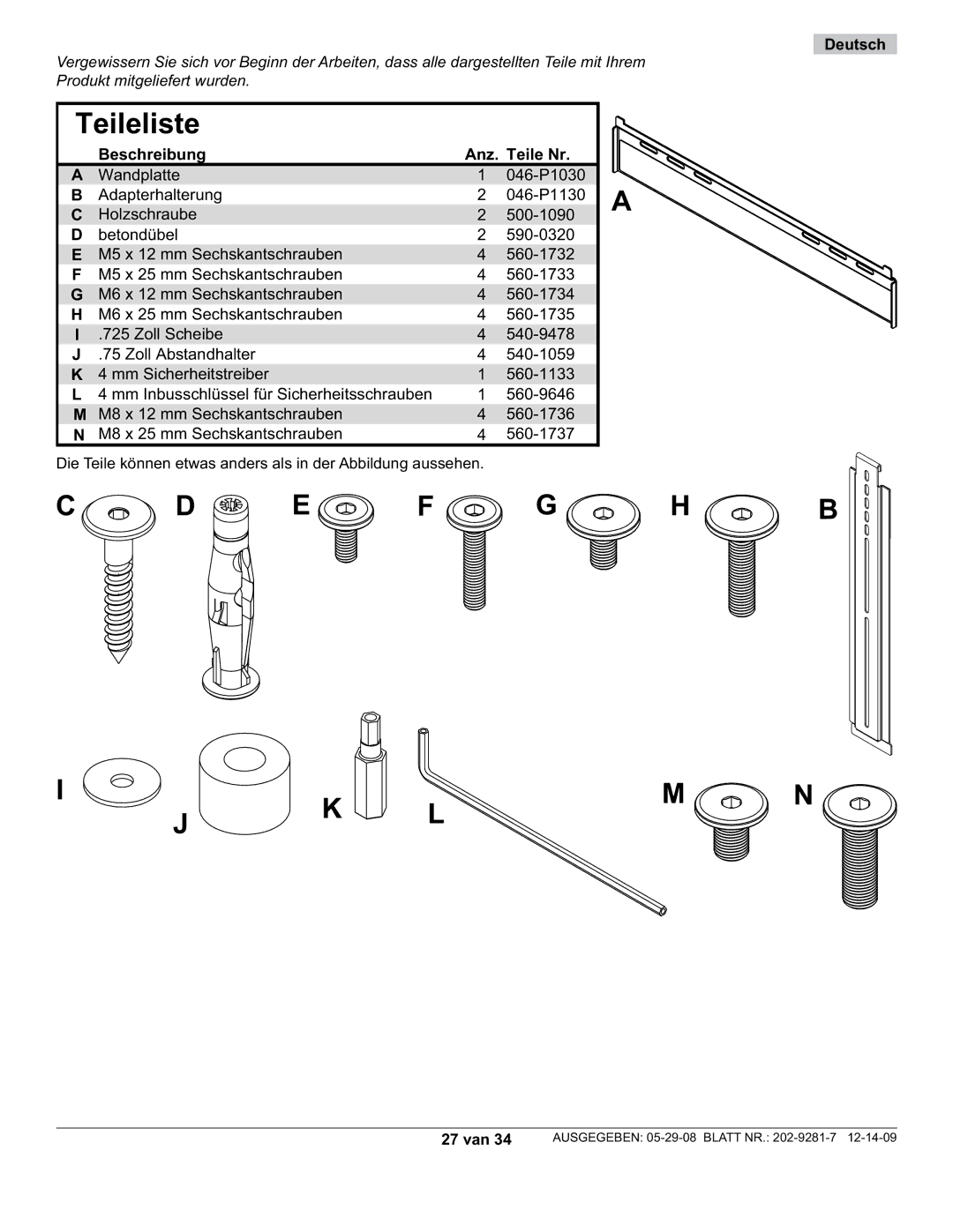 Peerless Industries SUF640P manual Teileliste, 27 van 