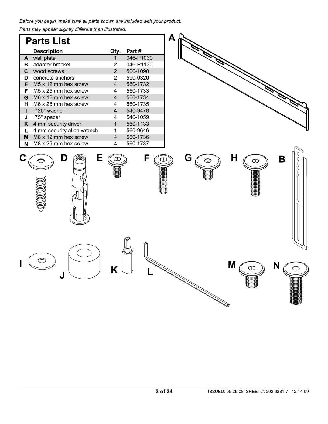 Peerless Industries SUF640P manual Parts List, Description Qty 