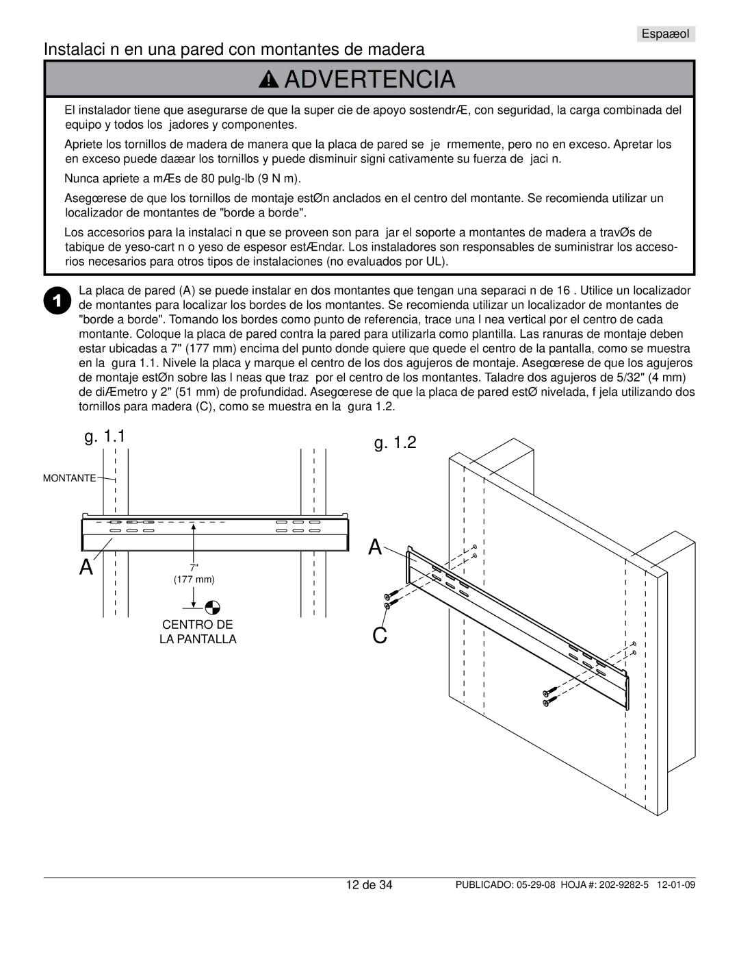 Peerless Industries SUF650P manual Instalación en una pared con montantes de madera, 12 de 