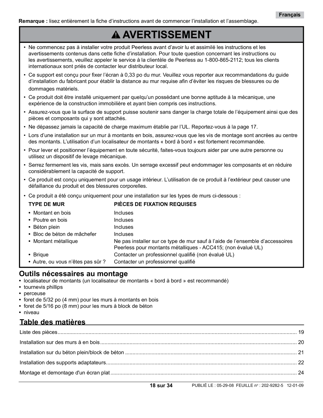 Peerless Industries SUF650P manual Outils nécessaires au montage, Table des matières, Français, 18 sur 