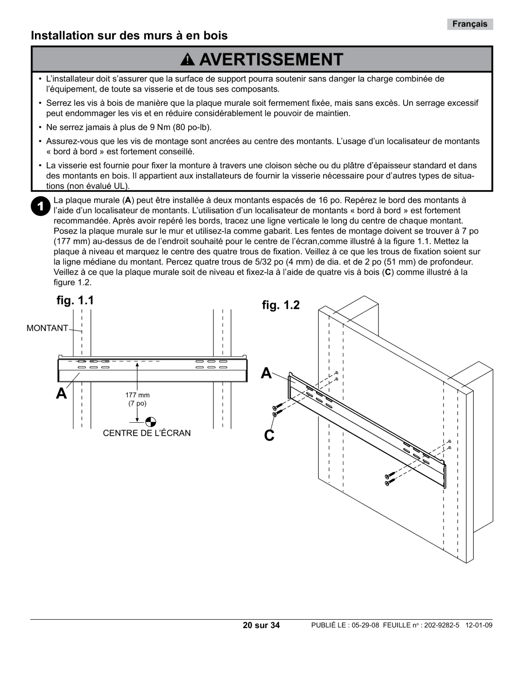 Peerless Industries SUF650P manual Installation sur des murs à en bois, 20 sur 