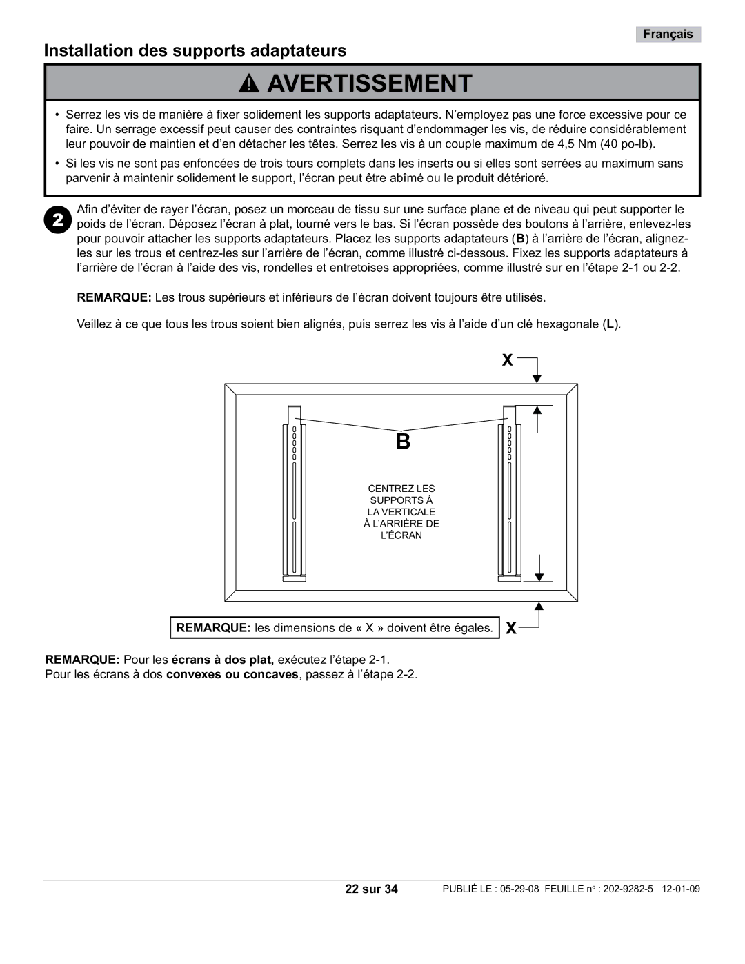 Peerless Industries SUF650P manual Installation des supports adaptateurs, 22 sur 