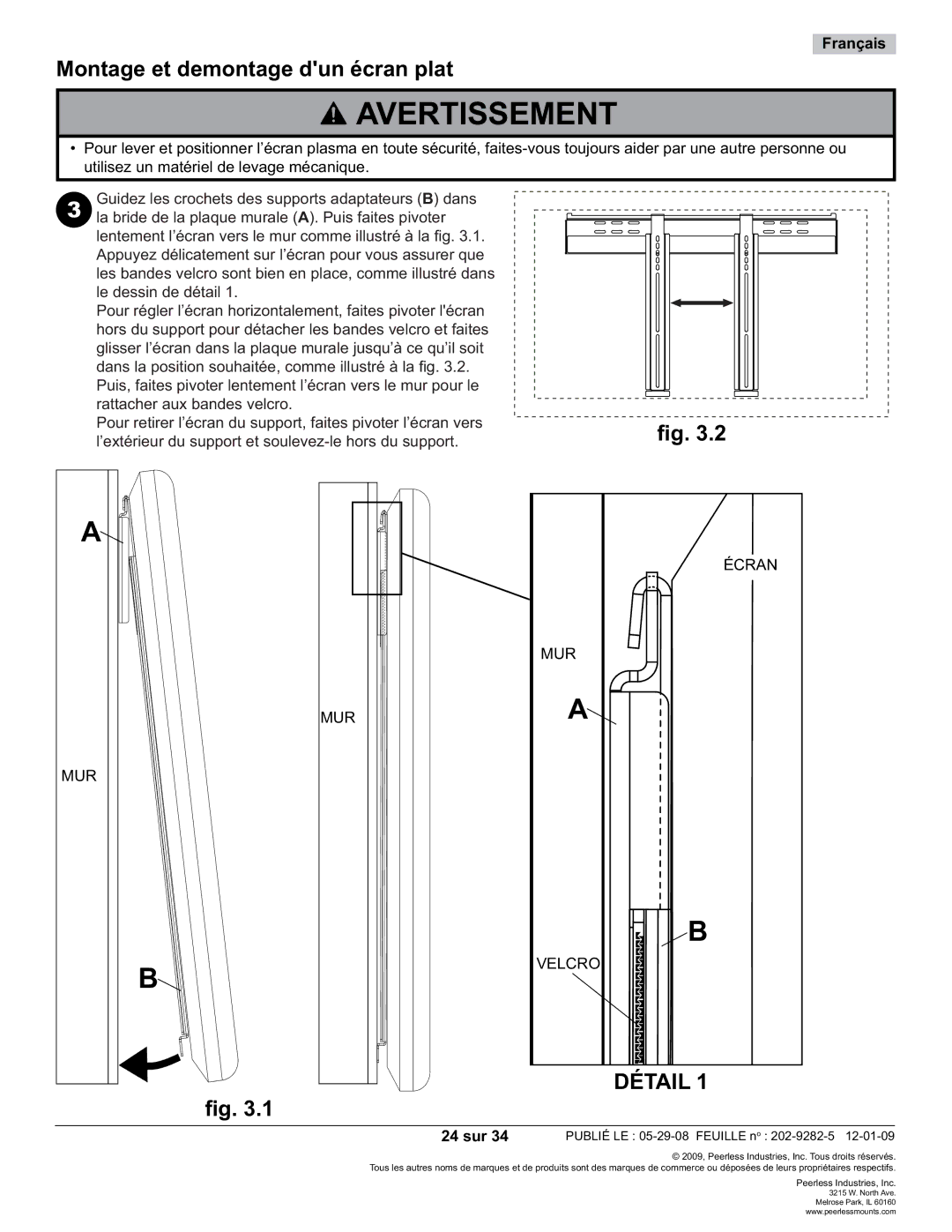 Peerless Industries SUF650P manual Montage et demontage dun écran plat, 24 sur 