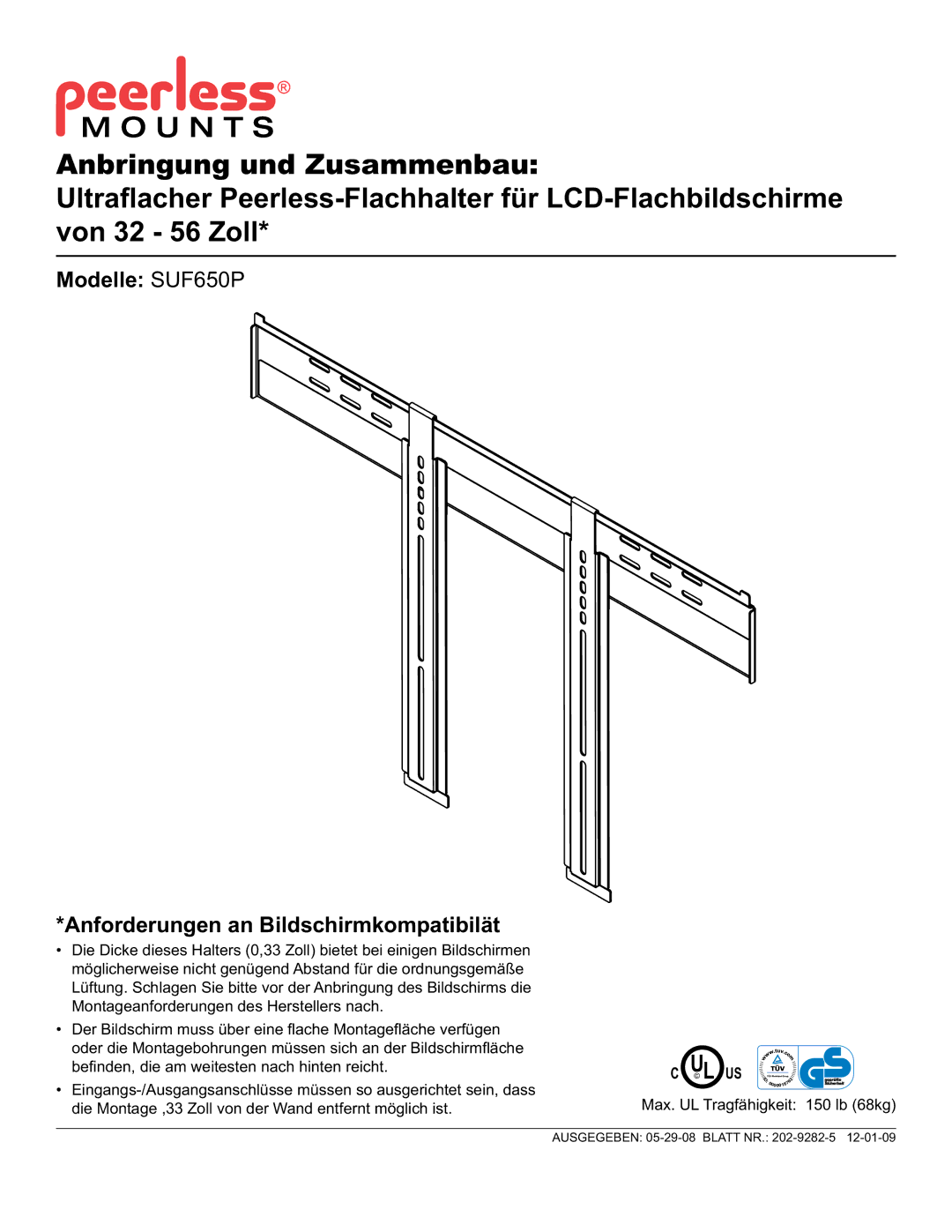 Peerless Industries manual Modelle SUF650P Anforderungen an Bildschirmkompatibilät 