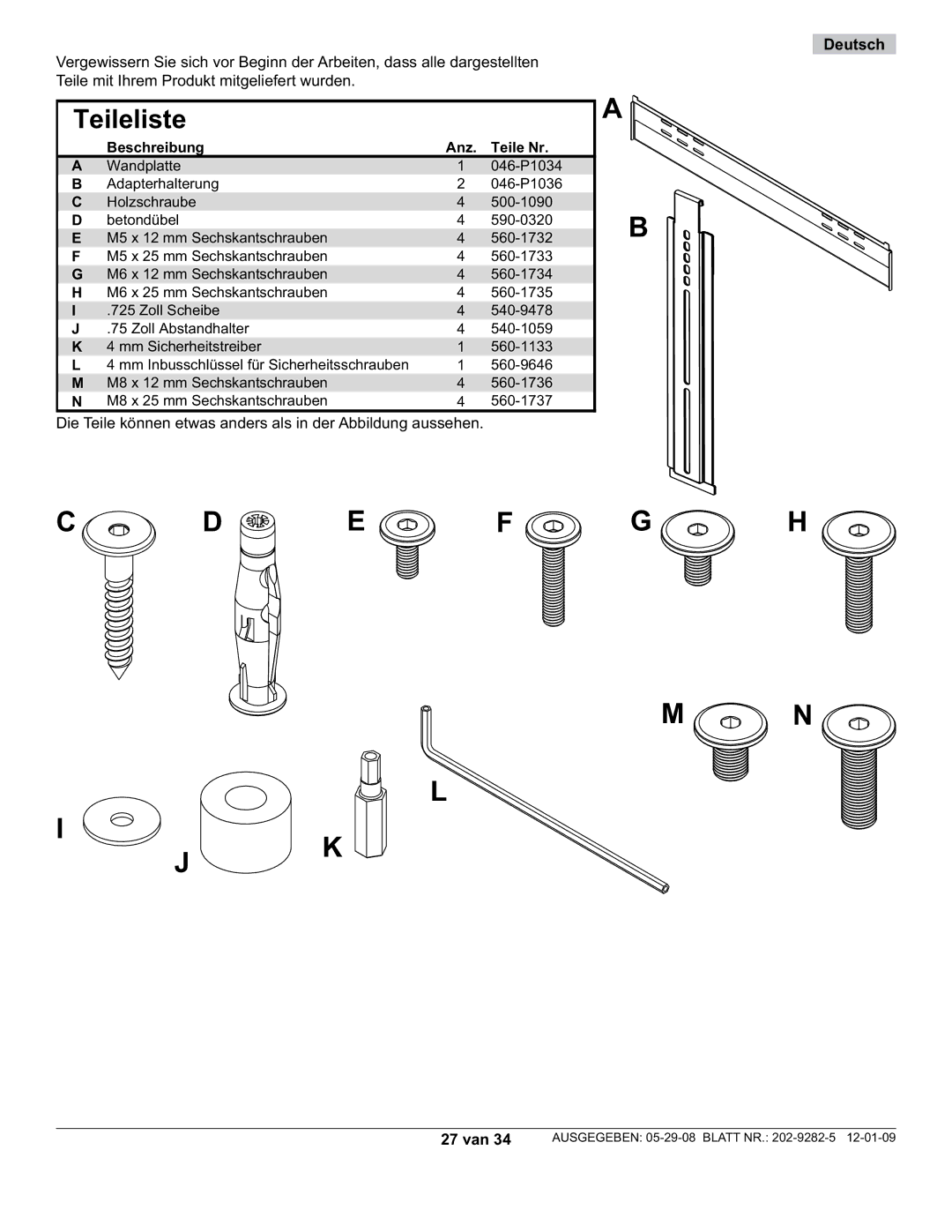 Peerless Industries SUF650P manual Beschreibung, Teile Nr, Deutsch 27 van 