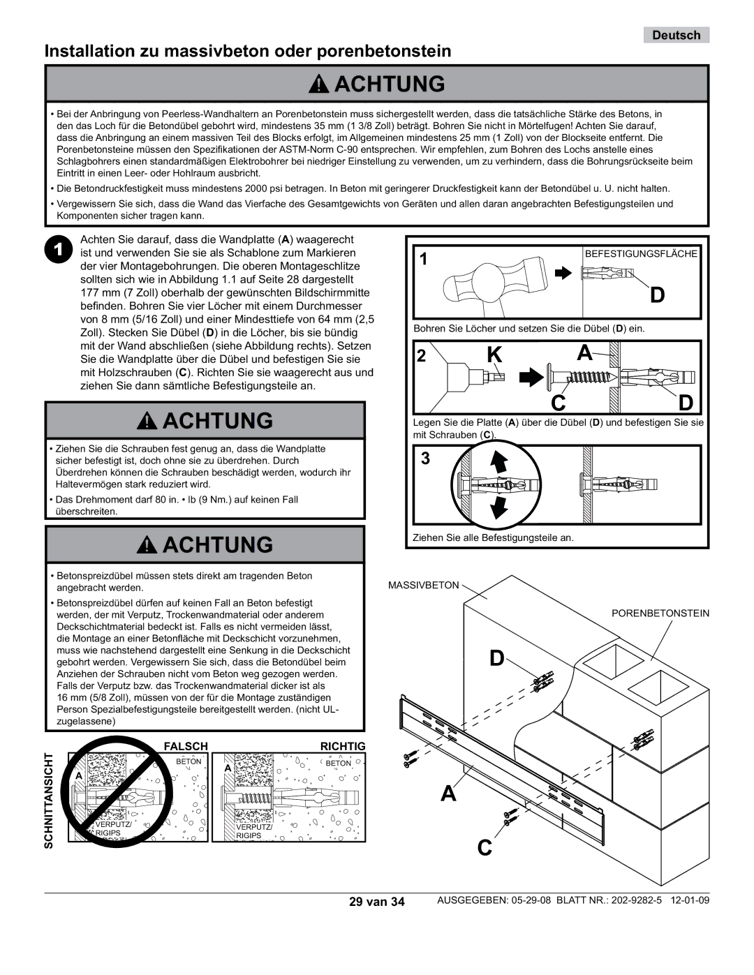 Peerless Industries SUF650P manual Installation zu massivbeton oder porenbetonstein, 29 van 