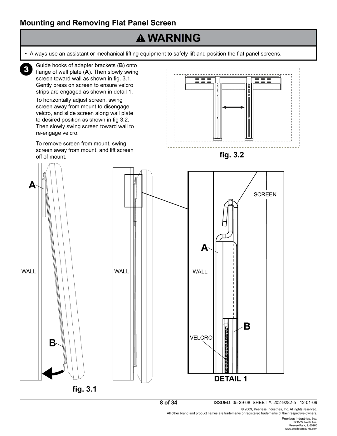 Peerless Industries SUF650P manual Mounting and Removing Flat Panel Screen, Detail 