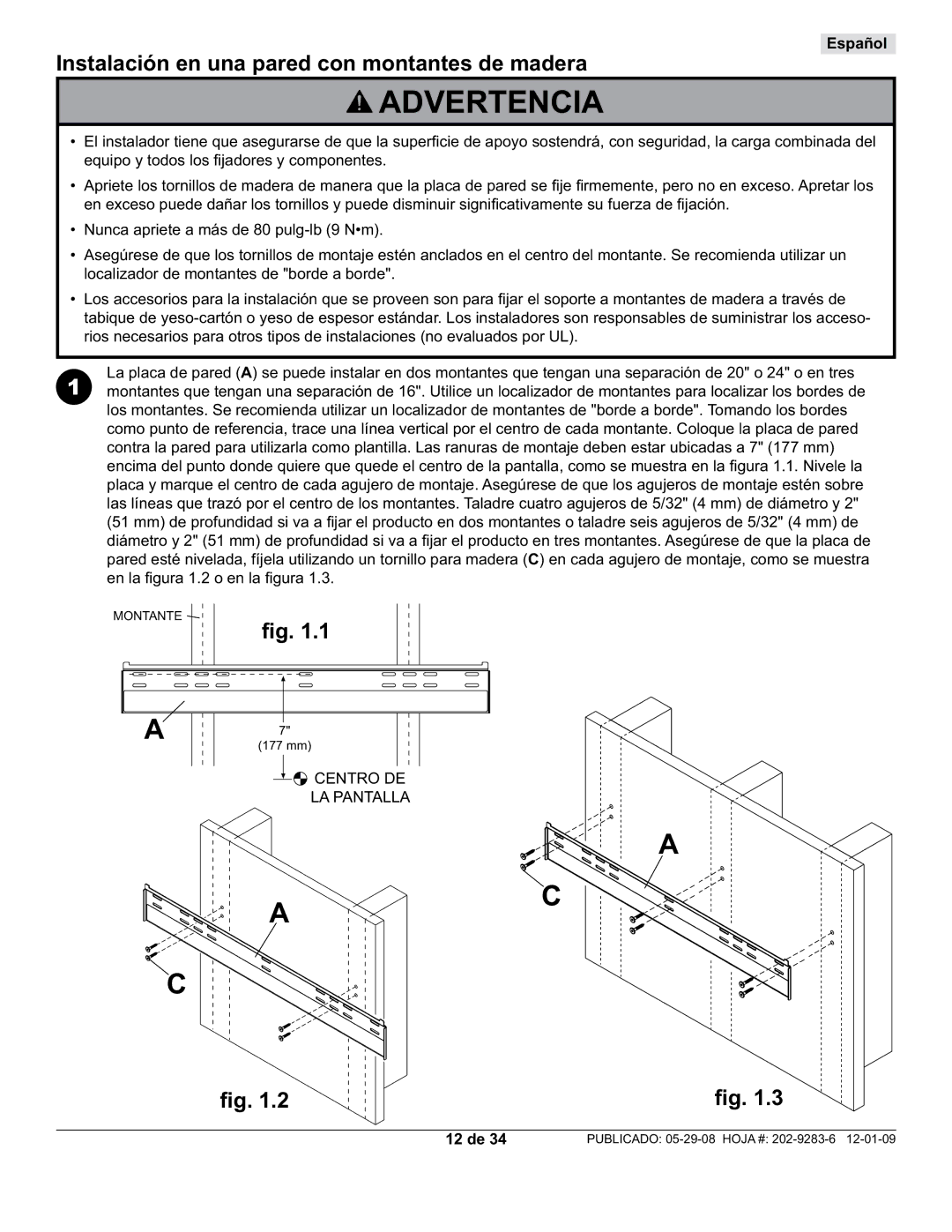 Peerless Industries SUF660P manual Instalación en una pared con montantes de madera, 12 de 