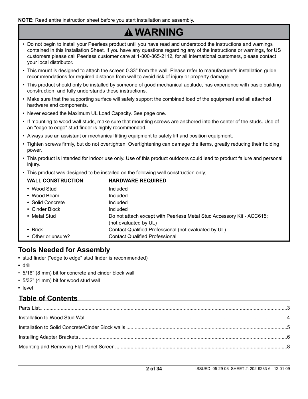 Peerless Industries SUF660P manual Tools Needed for Assembly, Table of Contents 