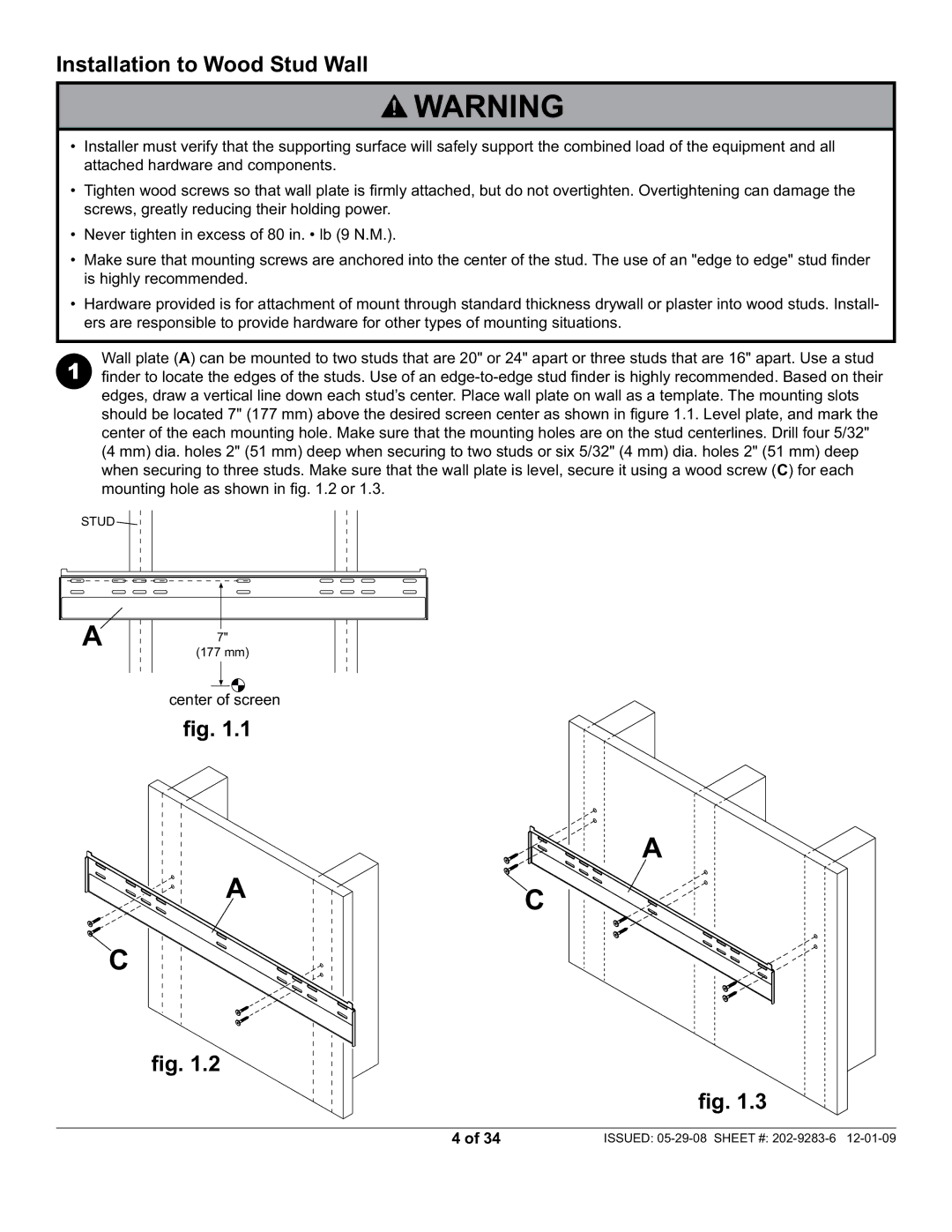 Peerless Industries SUF660P manual Installation to Wood Stud Wall 