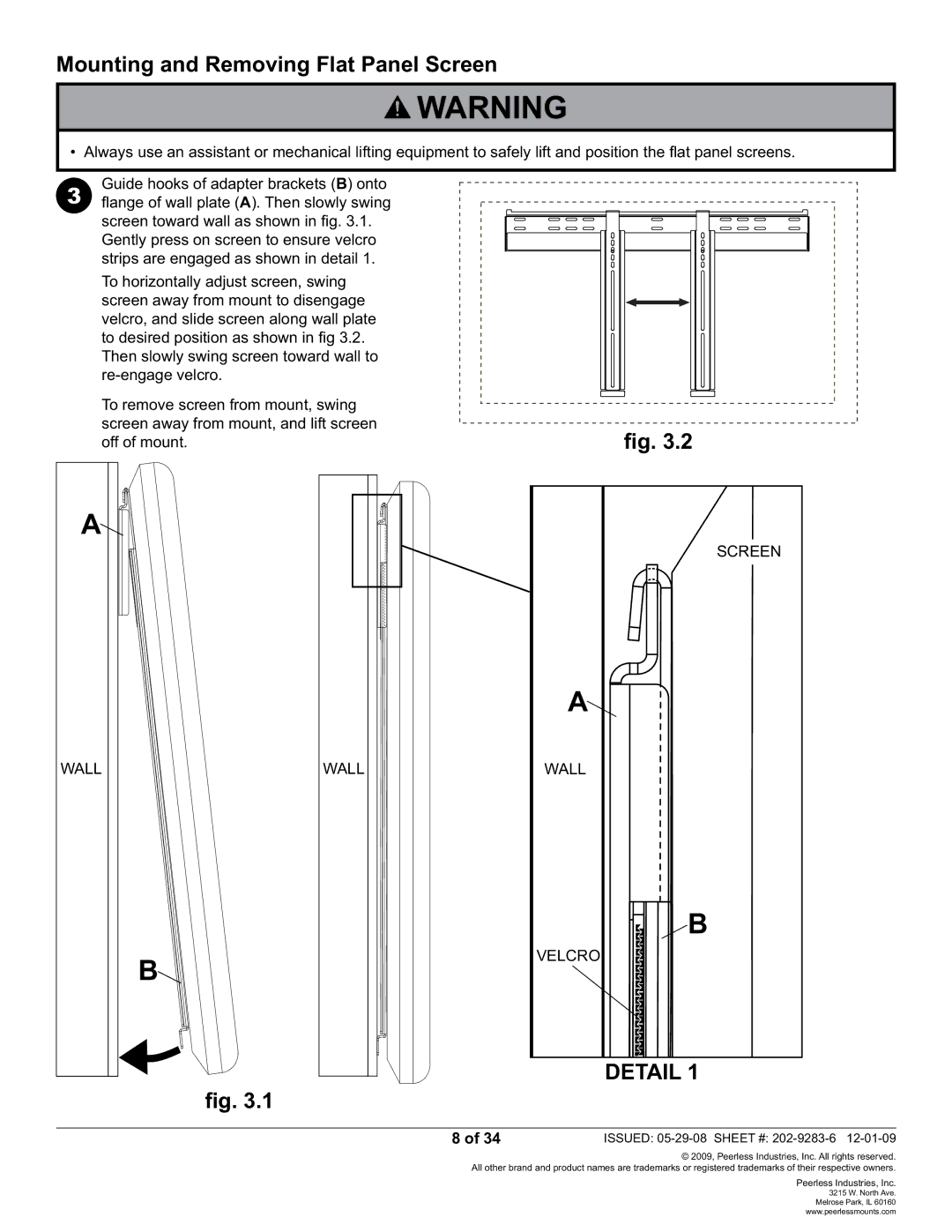 Peerless Industries SUF660P manual Mounting and Removing Flat Panel Screen, Detail 