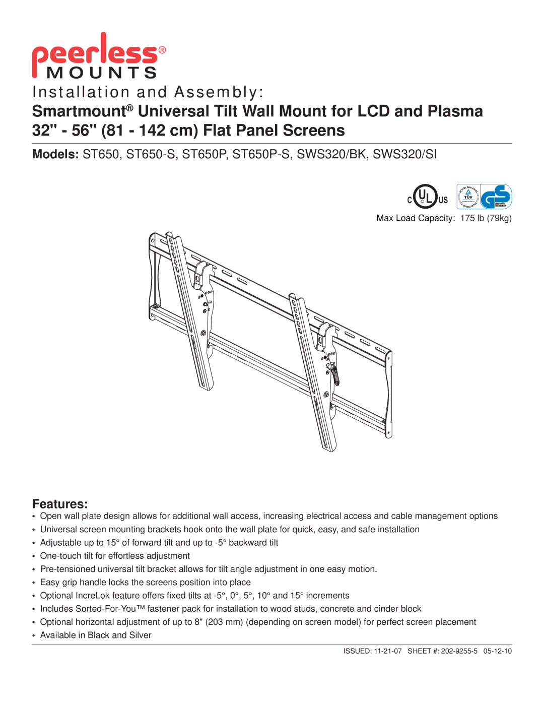 Peerless Industries SWS320/SI, SWS320/BK manual Features 