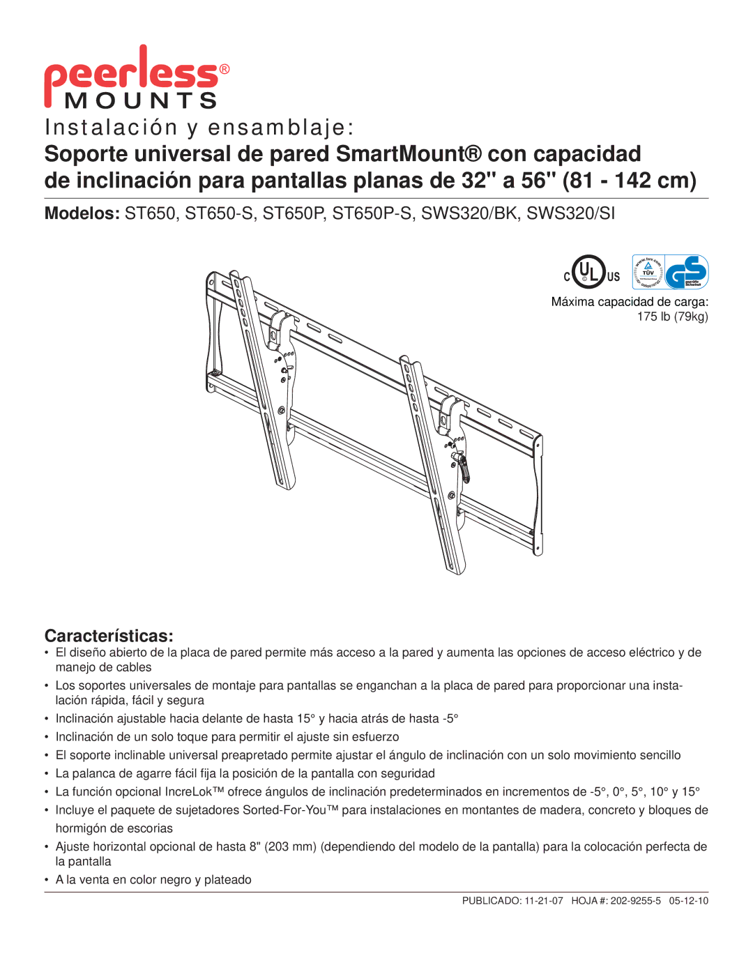 Peerless Industries SWS320/BK, SWS320/SI manual Características 