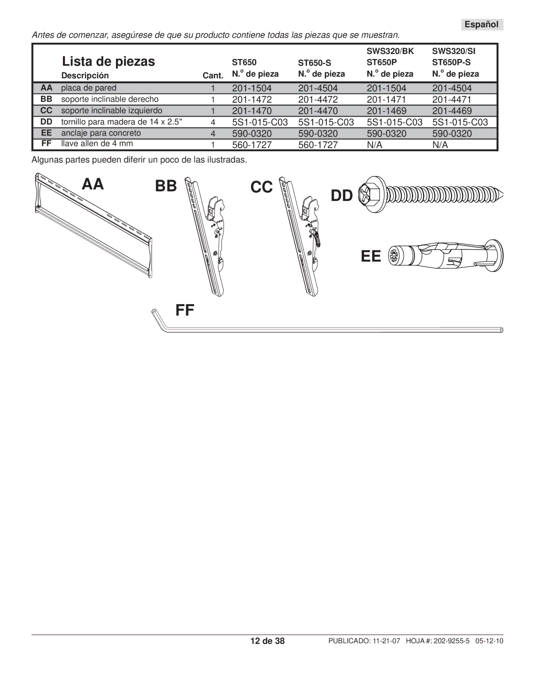 Peerless Industries SWS320/BK, SWS320/SI manual ST650 ST650-S ST650P ST650P-S Descripción, De pieza, 12 de 