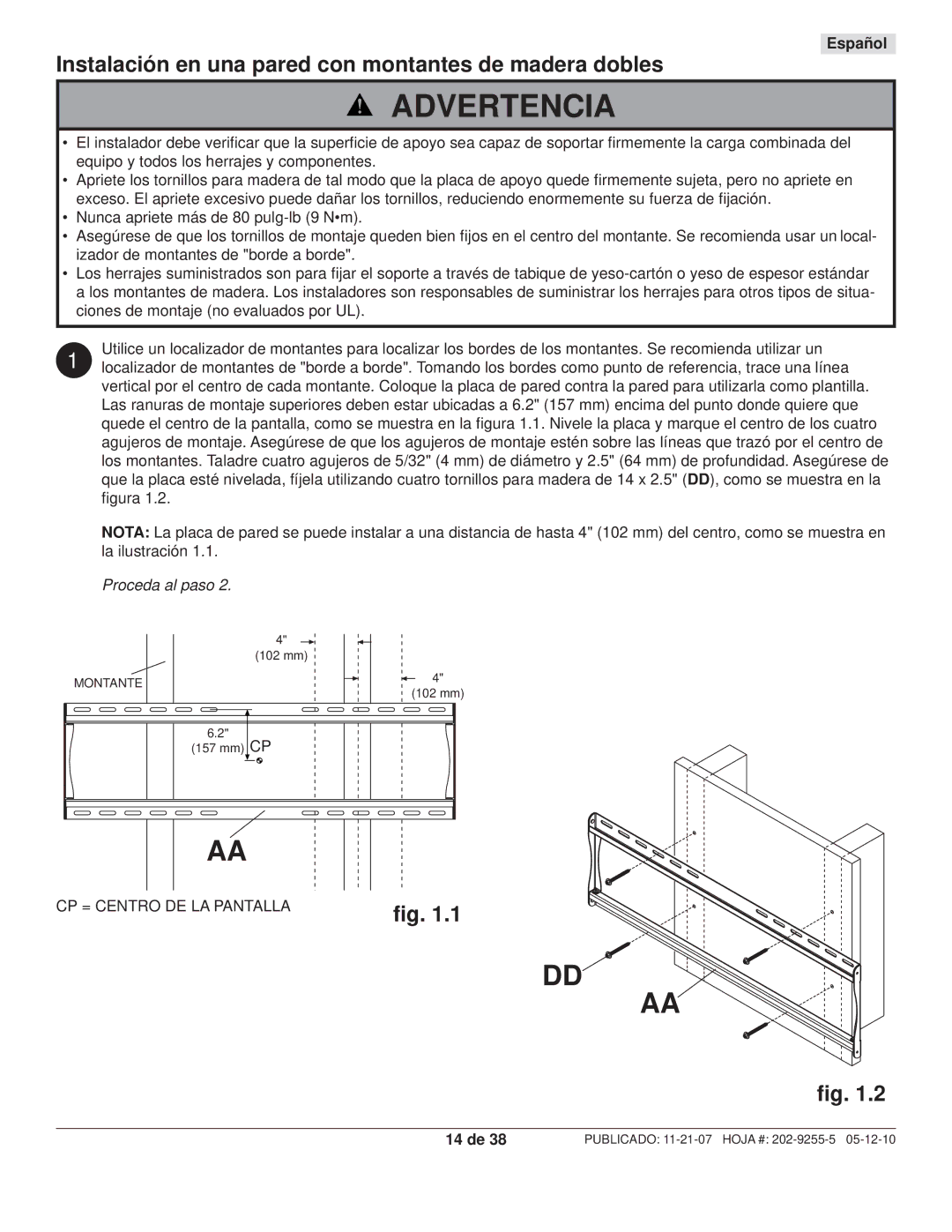 Peerless Industries SWS320/BK, SWS320/SI manual Instalación en una pared con montantes de madera dobles, 14 de 