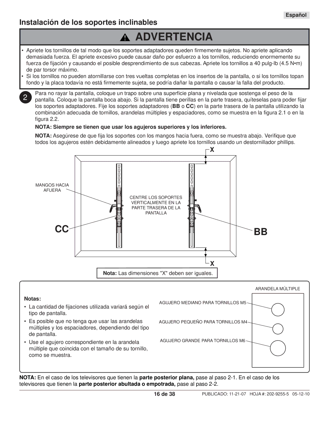 Peerless Industries SWS320/BK, SWS320/SI manual Instalación de los soportes inclinables, Notas, 16 de 