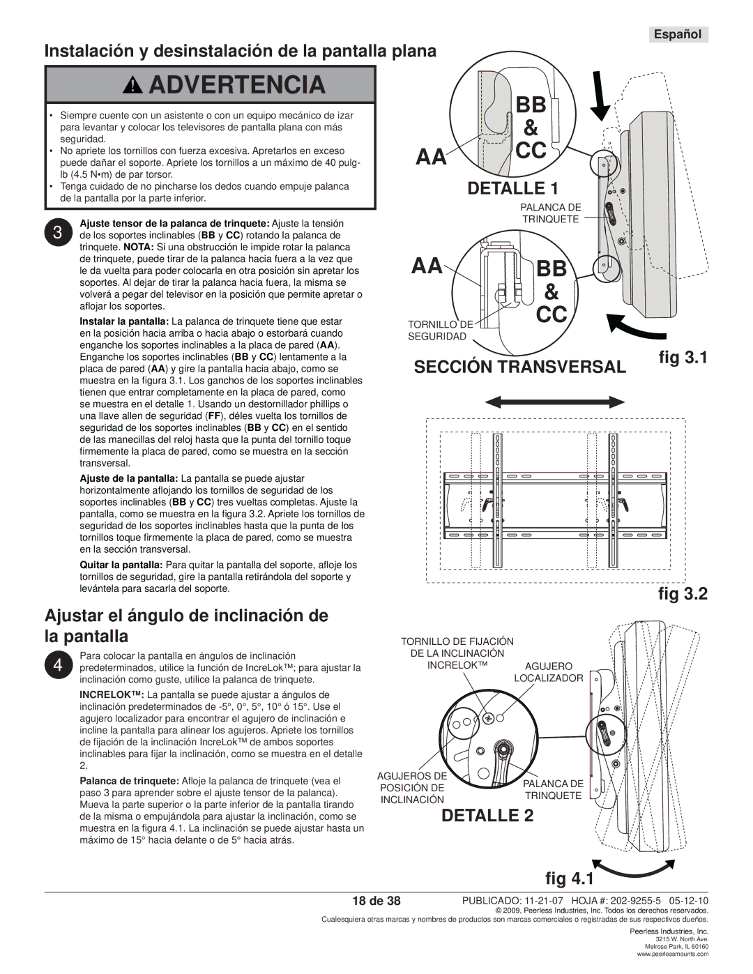 Peerless Industries SWS320/BK, SWS320/SI manual Instalación y desinstalación de la pantalla plana, 18 de 